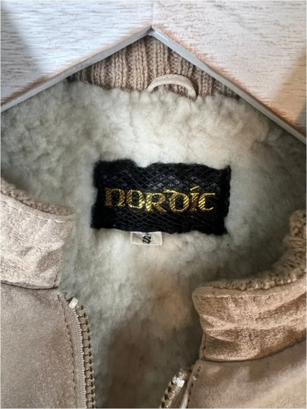Vintage Noroic Knit Bomber Jacket Tan Pigskin Leather Faux‎ Shearling Lined